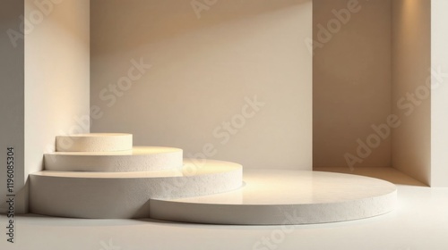 Creamy White Circular Pedestal Display Set Against a Neutral Background, Ideal for Product Showcases and Advertising