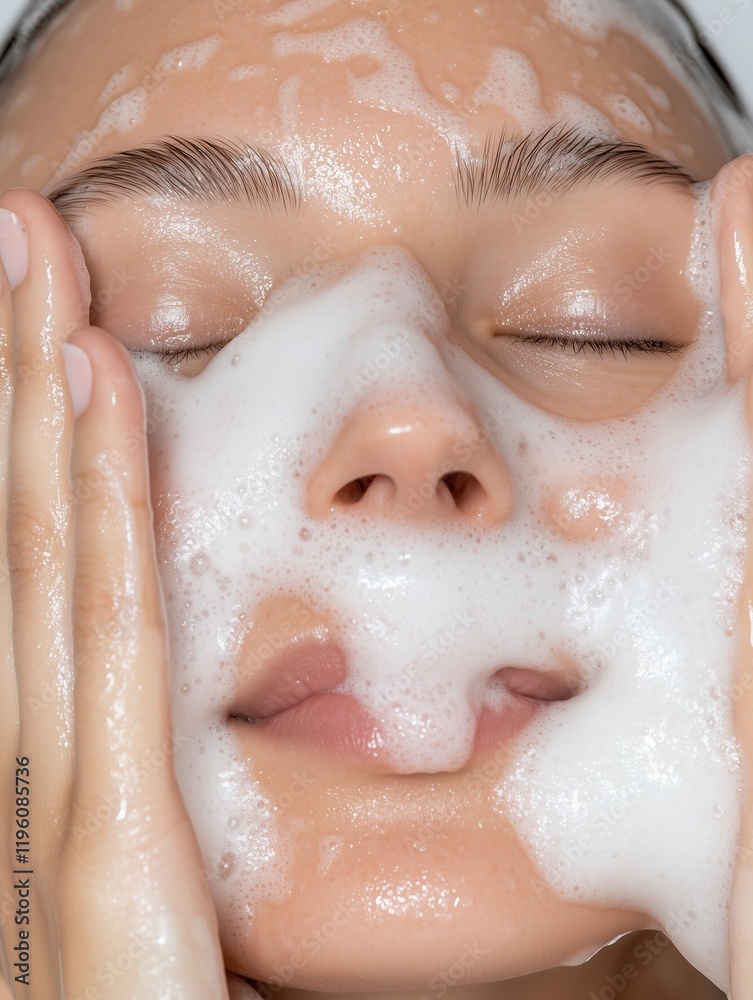 Fototapeta premium Close-up of a woman washing her face with a foamy cleanser, eyes closed and hands massaging the skin for deep cleansing.