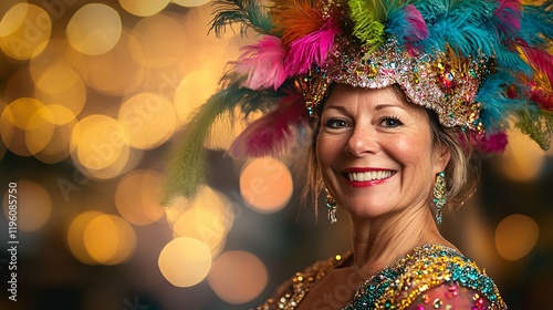 Brazilian Carnival Beauty Smiling with Sparkling Headdress, Colorful Feathers, Joyful Expression, Vibrant Festivity, and Celebration of Cultural Heritage in Night Parade photo