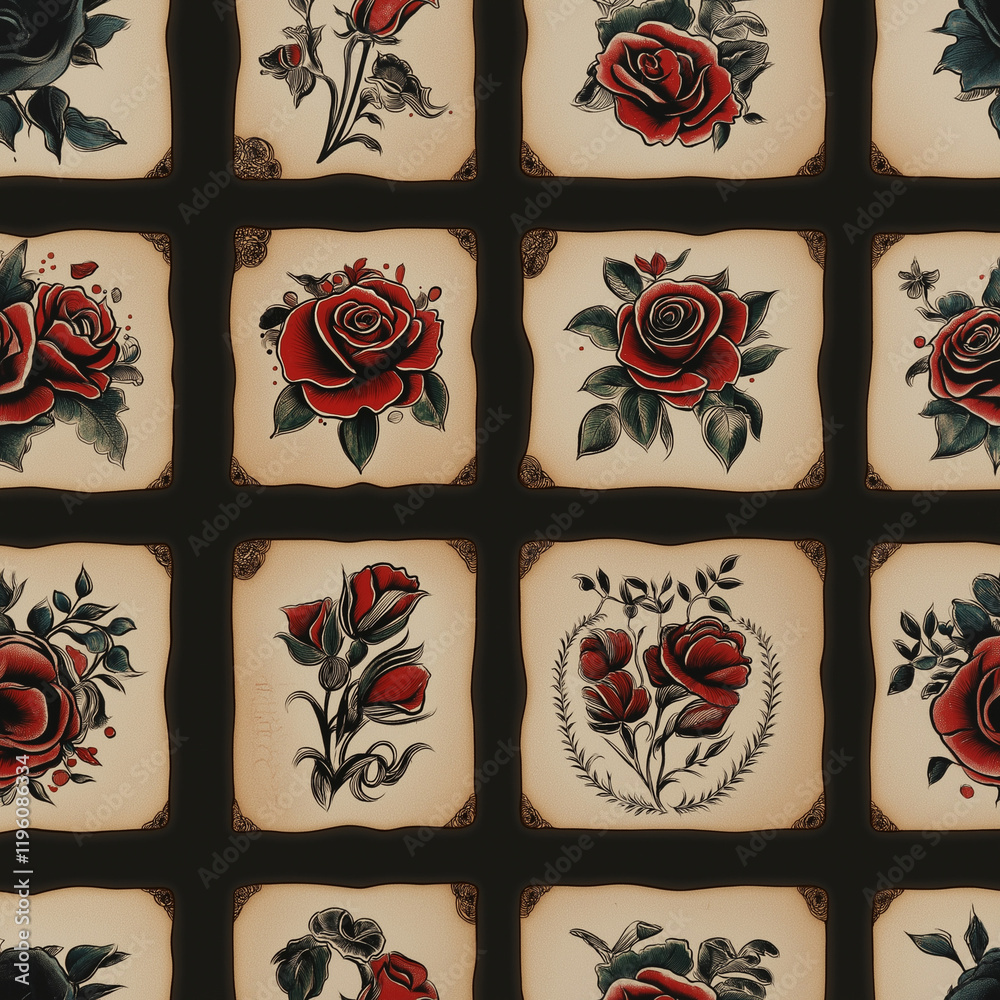 Fototapeta premium Seamless pattern of black and red roses on a vintage beige background for design concepts