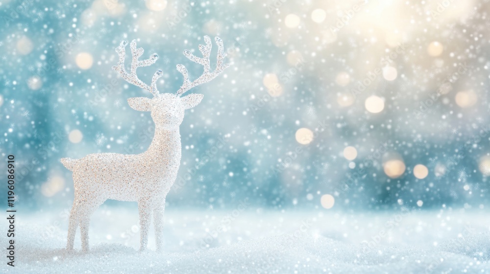 A crystal reindeer is situated in a snowy landscape, surrounded by falling snowflakes and sparkling lights, creating a serene winter atmosphere A crystal reindeer is situated in a snowy landscape, surrounded by falling snowflakes and sparkling lights, creating a serene winter atmosphere