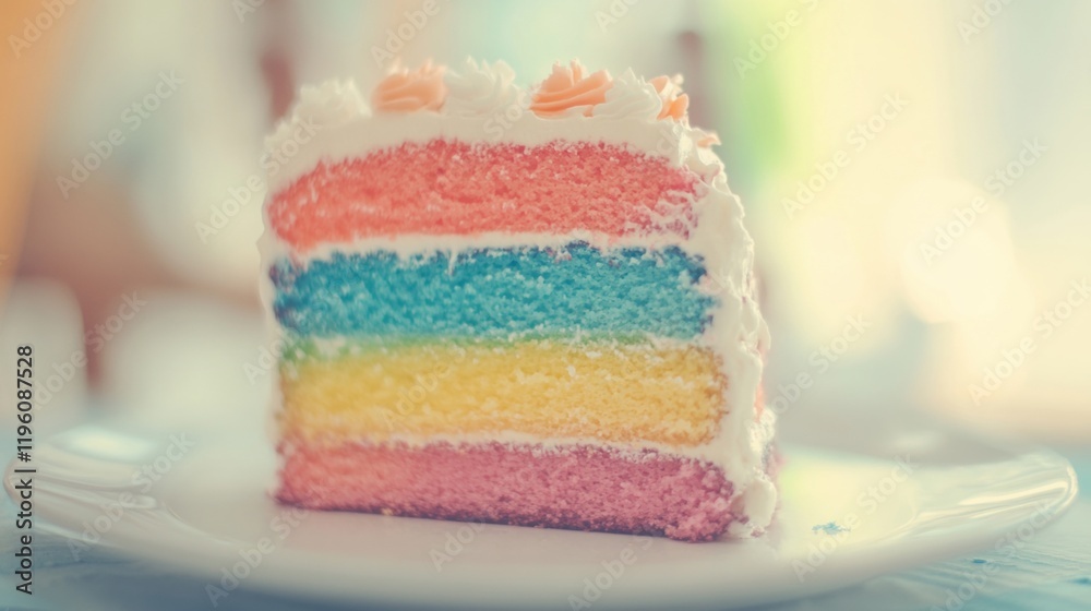 A slice of rainbow layered cake showcases beautiful colors and whipped cream, placed on a white plate in a sunny environment A slice of rainbow layered cake showcases beautiful colors and whipped cream, placed on a white plate in a sunny environment