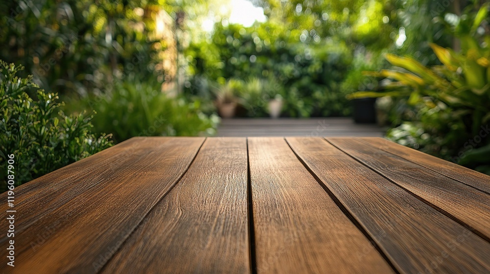 Empty Wooden Table Top with Blurred Outdoor Garden Background Empty Wooden Table Top with Blurred Outdoor Garden Background