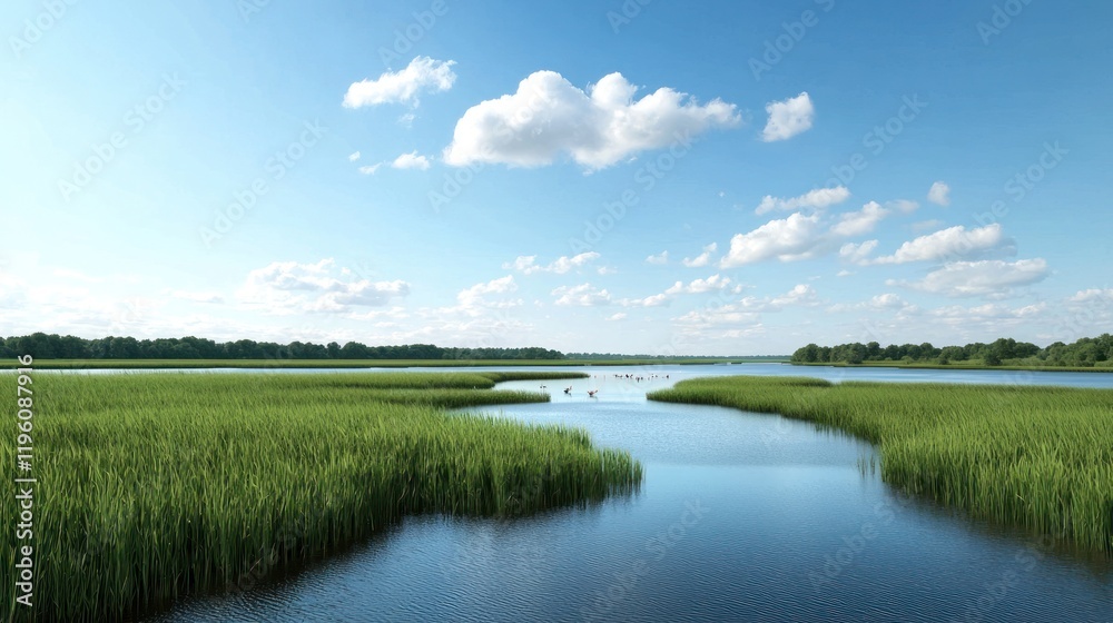 Serene landscape featuring water, grass, and a clear blue sky. Serene landscape featuring water, grass, and a clear blue sky.