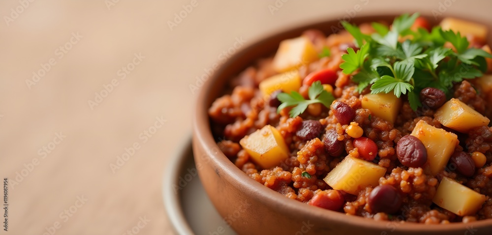 Chili Hash Served in a Deep Bowl on a Neutral Background Chili Hash Served in a Deep Bowl on a Neutral Background