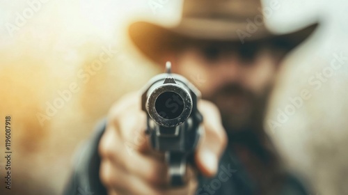 Cowboy in traditional western attire points a gun directly at the viewer, capturing a moment of intense drama in a dusty old west town