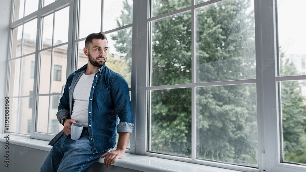 Tired male feeling sad tired and experiencing depression in mental health, problems and broken heart. Sad handsome young bearded guy with cup rest, looks into big window in living room interior Tired male feeling sad tired and experiencing depression in mental health, problems and broken heart. Sad handsome young bearded guy with cup rest, looks into big window in living room interior