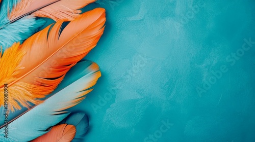 Orange and teal feathers on teal background.