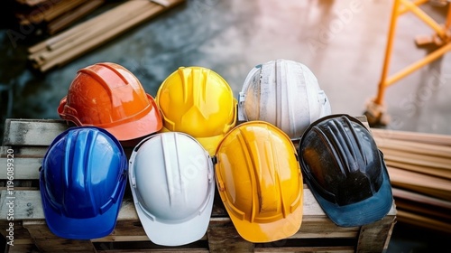 Construction helmets in different colors, representing the diversity and safety gear used by workers on job sites.