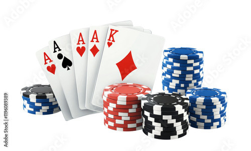 High stakes poker hand with four aces and colorful chips, creating excitement photo