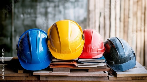 Construction helmets in different colors, representing the diversity and safety gear used by workers on job sites.