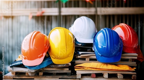 Construction helmets in different colors, representing the diversity and safety gear used by workers on job sites.