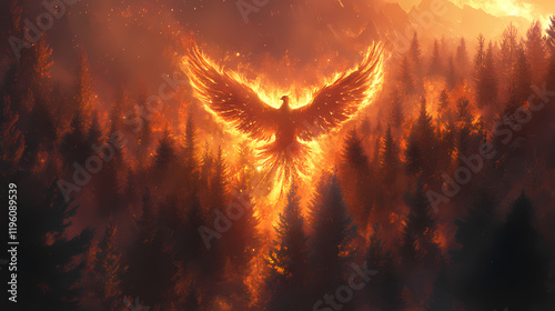 A majestic phoenix rises amidst a fiery forest, symbolizing rebirth and transformation. Frostflare. Illustration
