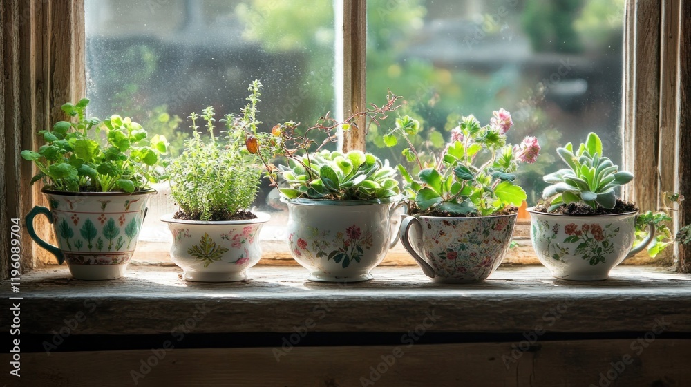 Charming Windowsill Herb Garden: Four Teacups of Greenery Charming Windowsill Herb Garden: Four Teacups of Greenery
