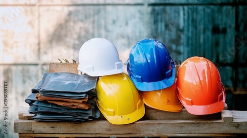 Construction helmets in different colors, representing the diversity and safety gear used by workers on job sites.