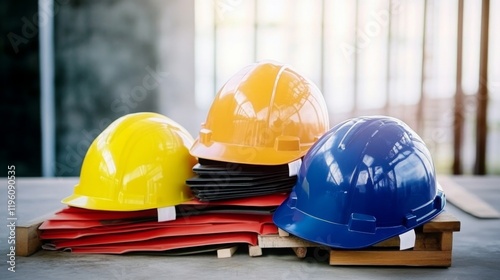 Construction helmets in different colors, representing the diversity and safety gear used by workers on job sites.