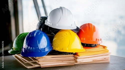 Construction helmets in different colors, representing the diversity and safety gear used by workers on job sites.