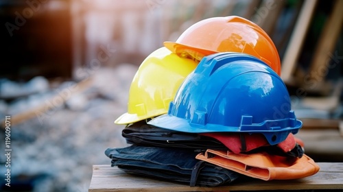 Construction helmets in different colors, representing the diversity and safety gear used by workers on job sites.