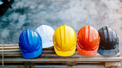 Construction helmets in different colors, representing the diversity and safety gear used by workers on job sites.