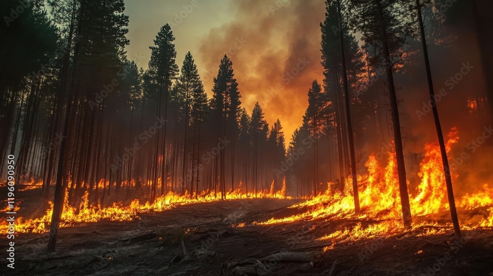 Forest fire burning wildly at sunset in the woods Forest fire burning wildly at sunset in the woods