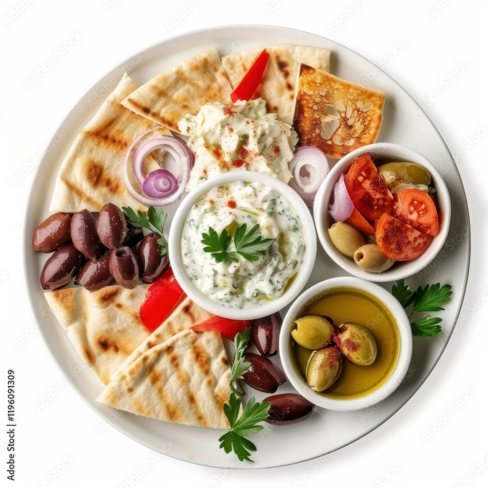 A Greek mezze platter with tzatziki, hummus, olives A Greek mezze platter with tzatziki, hummus, olives