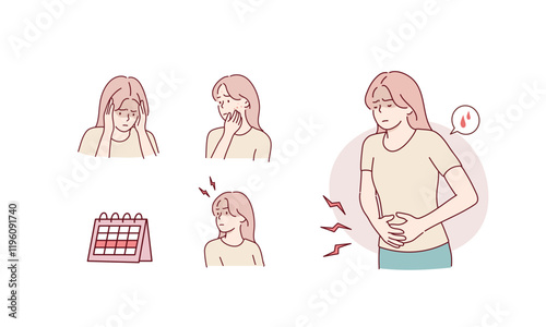 A woman suffering from menstrual cramps. Hand drawn style vector design illustrations.