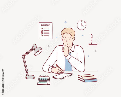 Young man sets the goals for new year concept. Set goals for the New Year. Hand drawn style vector design illustrations.