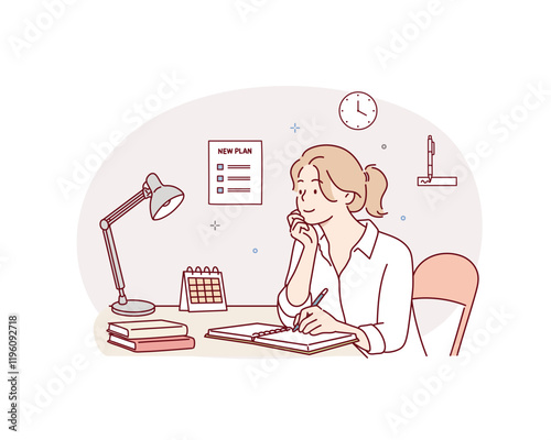 Young woman sets the goals for new year concept. Set goals for the New Year. Hand drawn style vector design illustrations.
