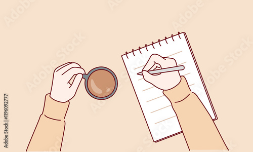 Concept of New Year Resolutions list and new year goals, top view with coffee. Hand drawn style vector design illustrations.