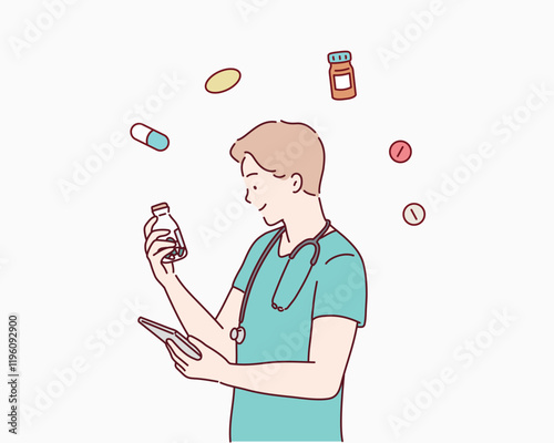 doctor standing and holding pill bottle. Hand drawn style vector design illustrations.