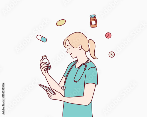 doctor standing and holding pill bottle. Hand drawn style vector design illustrations.