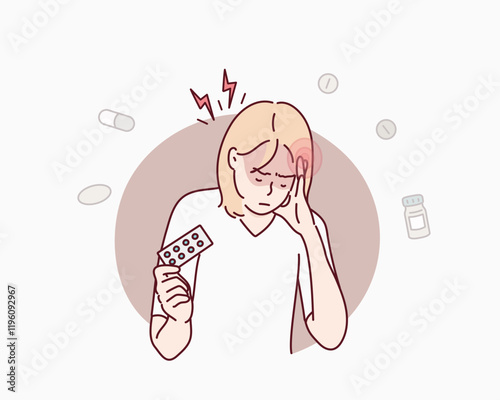 Woman Suffering from Headache Sick. Hand drawn style vector design illustrations.