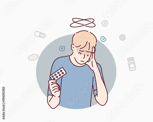 Dementia and memory impairment confuse elderly man who needs pills to improve brain function. Hand drawn style vector design illustrations.