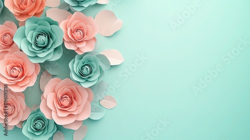Multicolored Roses on Pale Green Aqua Background in 3D Render