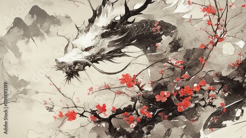 Wallpaper Mural Ghostly white dragon surrounded by plum blossoms in traditional Chinese ink wash style Torontodigital.ca