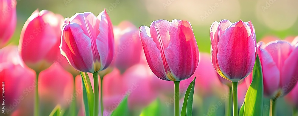 Fototapeta premium Vibrant pink tulips blooming in sunlight.