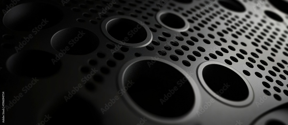 Black metal background with round holes, close-up. Black metal background with round holes, close-up.