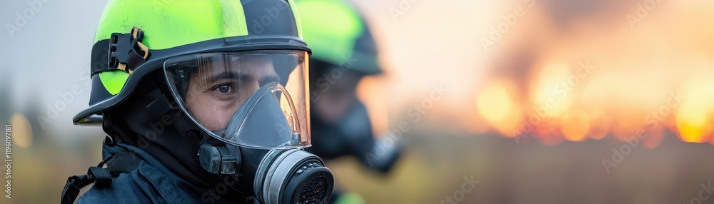 Portrait of a man wearing green jacket and gas mask in hazy setting Portrait of a man wearing green jacket and gas mask in hazy setting