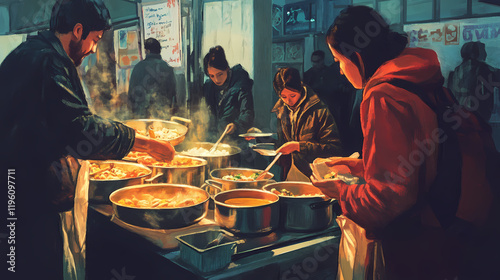 Compassionate kitchen: nourishing hungry souls with free meals for the homeless and those in need. starweave. illustration. Starweave. Illustration photo