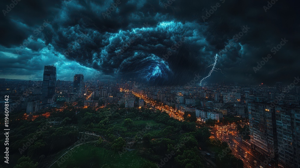 Lightning storm forming above city at night Lightning storm forming above city at night
