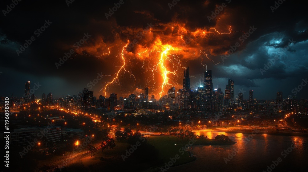 Powerful linear lightning striking cityscape at night Powerful linear lightning striking cityscape at night