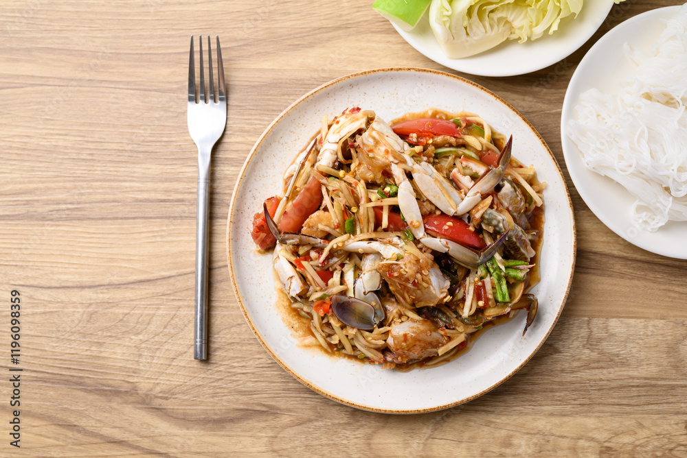 Spicy papaya salad with blue crab (Som Tum), Thai food Spicy papaya salad with blue crab (Som Tum), Thai food