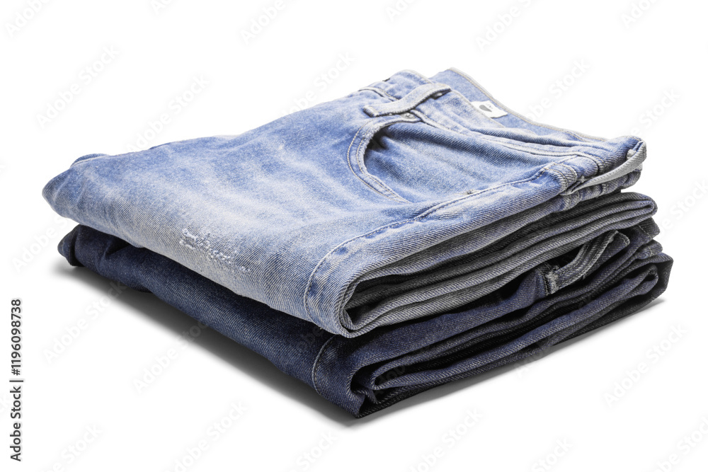 set of folded blue jeans isolated with clipping on white background. flat lay, jeans stacked. set of folded blue jeans isolated with clipping on white background. flat lay, jeans stacked.