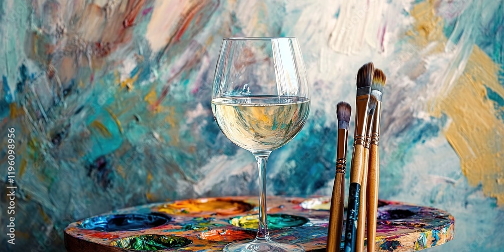Fototapeta premium White wine glass on an artist's palette with paintbrushes, against an abstract background.