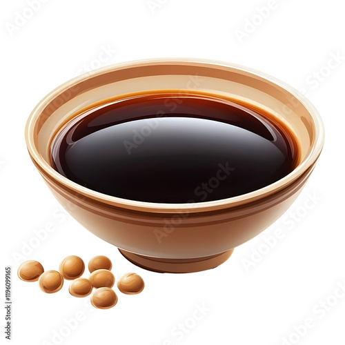 soy sauce in brown bowl with soybeans isolated on white photo