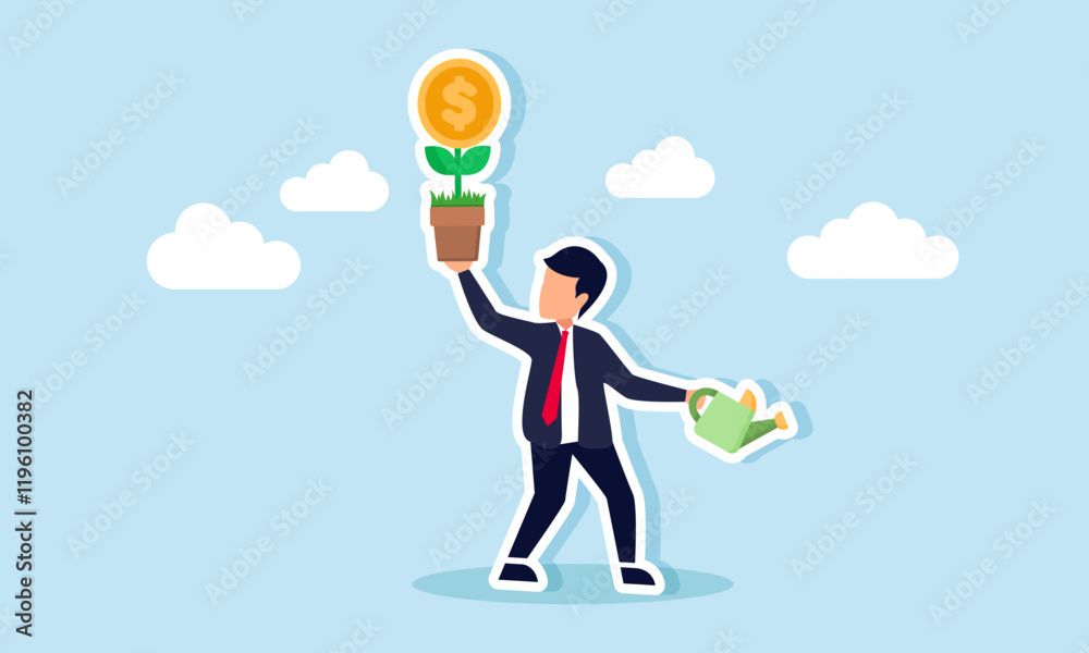 Businessman holding a blooming plant with dollar coin flowers while carrying a watering tool in the other hand, illustration of pride in financial asset investment strategies Businessman holding a blooming plant with dollar coin flowers while carrying a watering tool in the other hand, illustration of pride in financial asset investment strategies