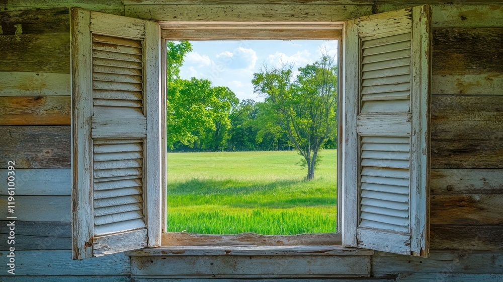 Fototapeta premium Rustic Window View: A Serene Spring Meadow