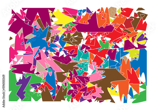 Illustration of colorful collage paper scattered overlapping on white background