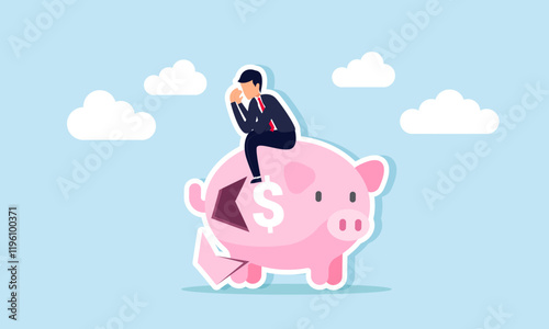 Businessman feeling disappointed and sad, sitting on a broken piggy bank, illustration of frustration over failure in financial asset investments for business