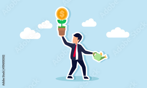 Businessman holding a blooming plant with dollar coin flowers while carrying a watering tool in the other hand, illustration of pride in financial asset investment strategies